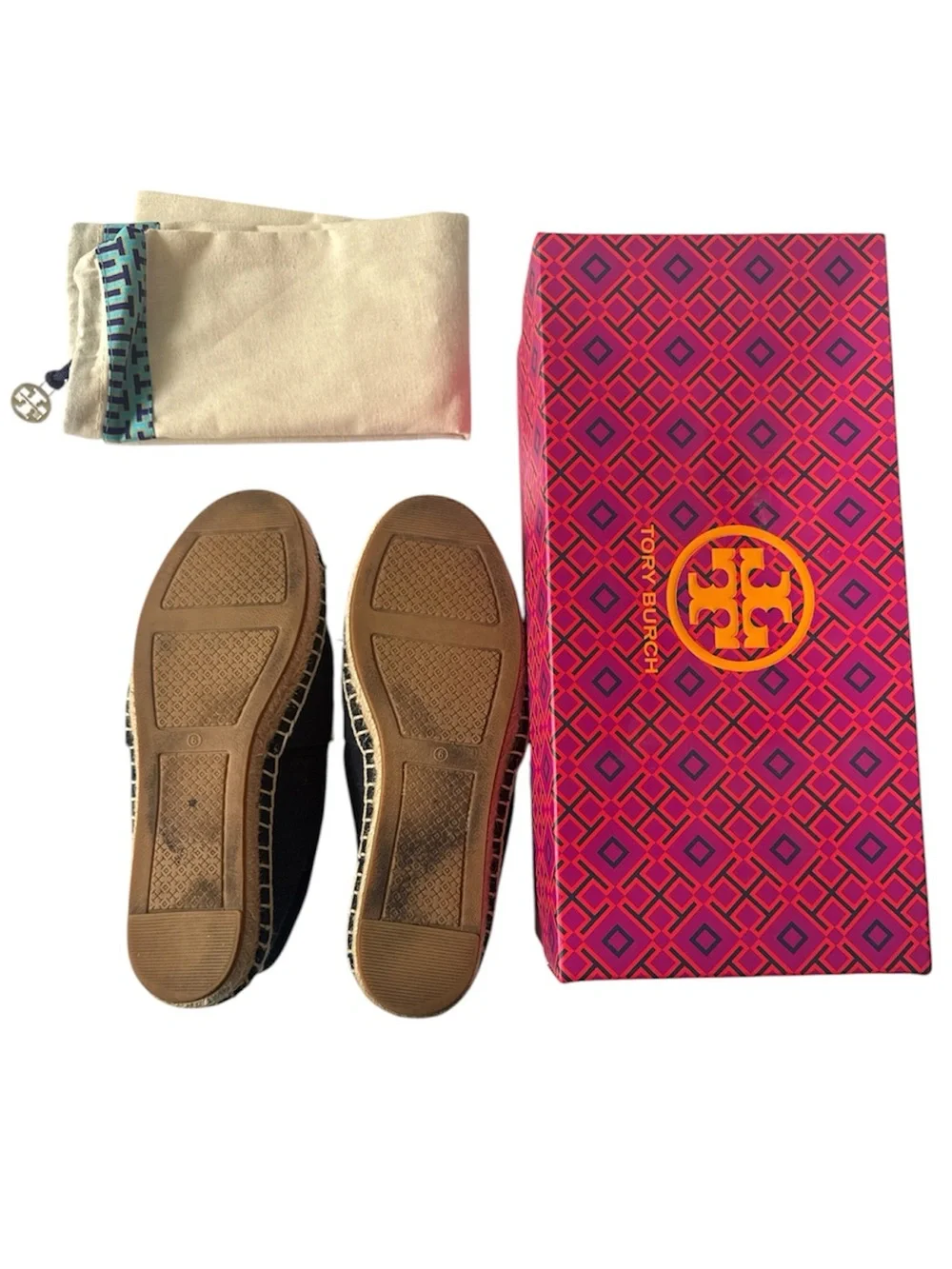 Tory Burch Navy & Beige Logo Espadrille Flats with Jute Toe